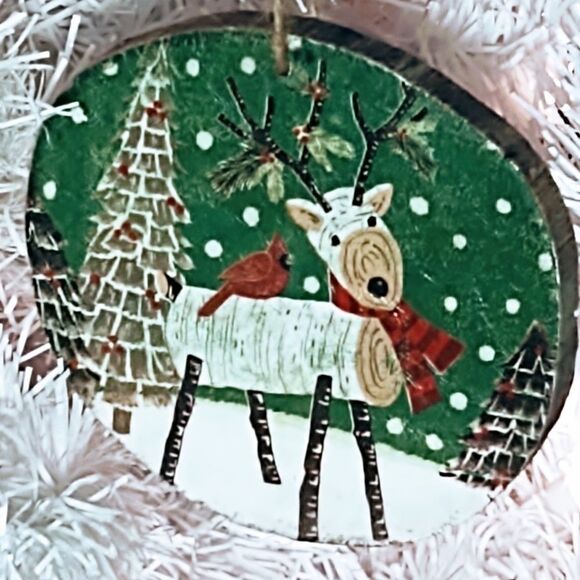Hand Crafted Decoupage Wooden Christmas Ornament/Log Deer w/ Cardinal Tree Decor - Picture 3 of 3
